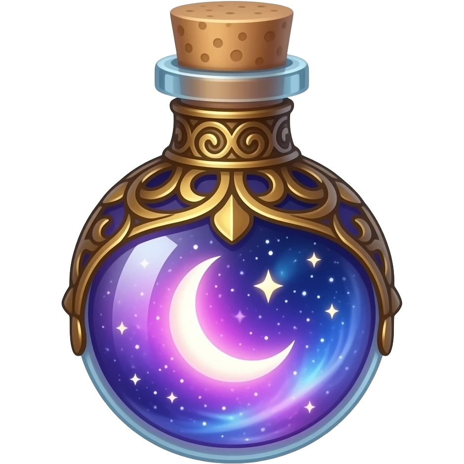 ornate glass vial with metallic filigree, swirling cosmic nebula inside, glowing purple‑pink‑blue light, crescent moon and tiny stars suspended in liquid, ethereal magical atmosphere emoji