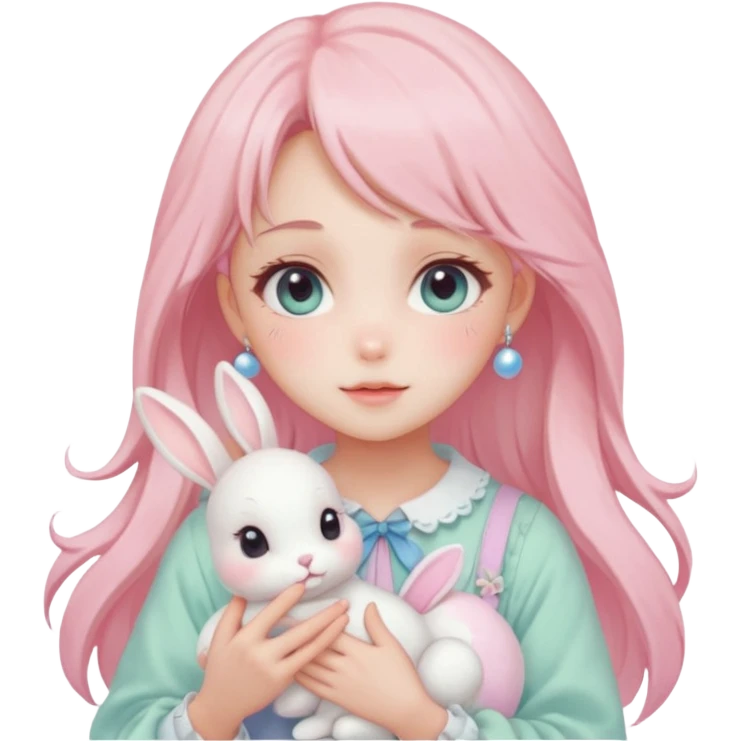 Gorgeous pastel anime style lady with blushing face and holding a bunny cottagecore fairycore pastelcore colorful pearly romantic simplistic aesthetic trending style emoji