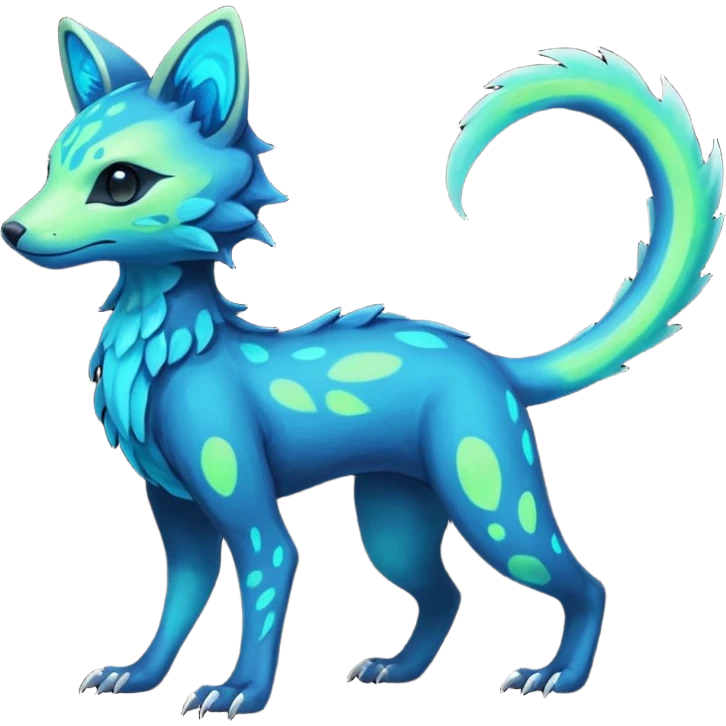 Rare realistic dark-neon glowing bioluminescent edgy badass epic pretty beautiful handsome gorgeous aesthetic colorful vibrant Vernid-Trico-species-Fakemon-creature by LiLaiRa, 4 legs, 1 tail, random markings, (full body) emoji