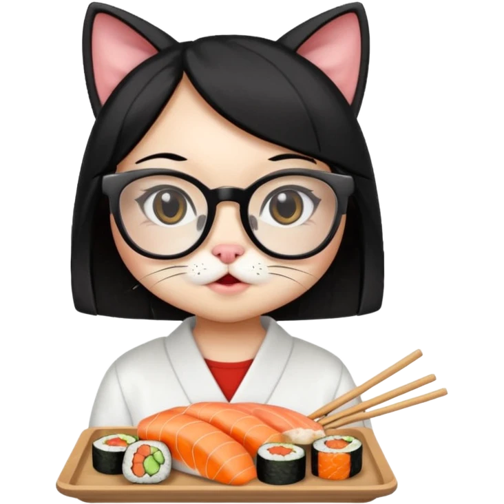 cute girl cat with straight hair and really big square glasses with super thin frames eating sushi emoji