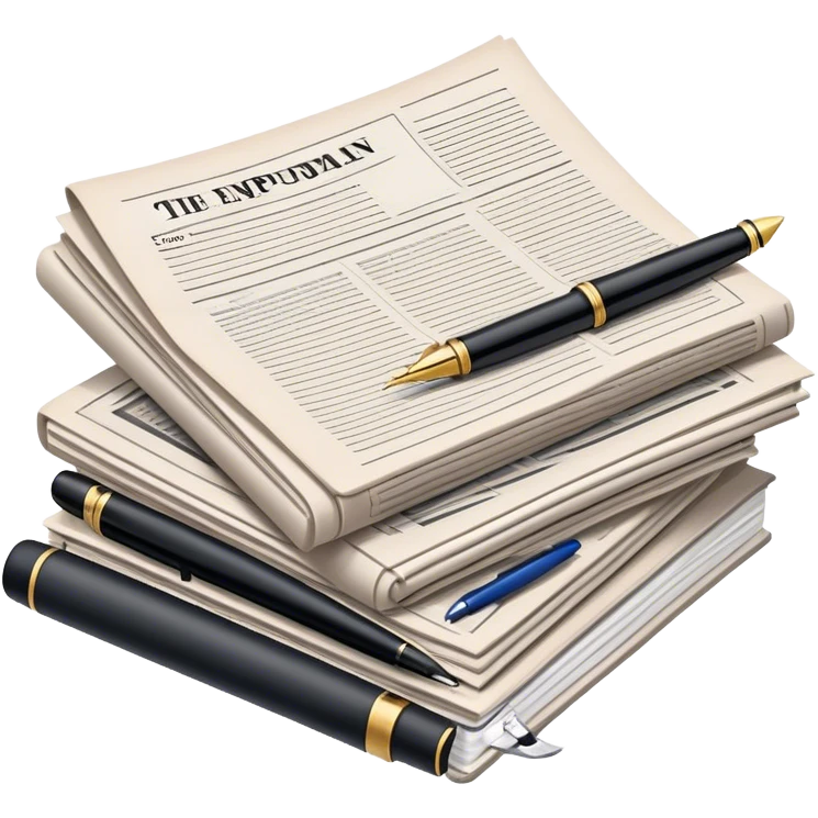 Create an emoji representing journalism and publicistic writing. The design should feature a stack of newspapers as the base, with an open working notebook placed on top of them. A single fountain pen should rest on the very top of the notebook, symbolizing the act of writing. Use neutral, professional colors like black, white, and muted tones to convey a sense of seriousness and intellect. Do not include any emojis or smiley faces. Make the background transparent. emoji