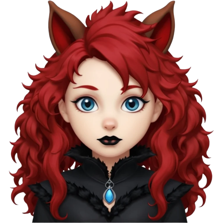  long super curly blood red hair (darker), red pointed squirrel ears with black trim, black goth outfits, body and face human, blue eyes, more pointy chin, black lipstick, one big fluffy red squirrel tail with black tips, close her mouth, less evil looking emoji