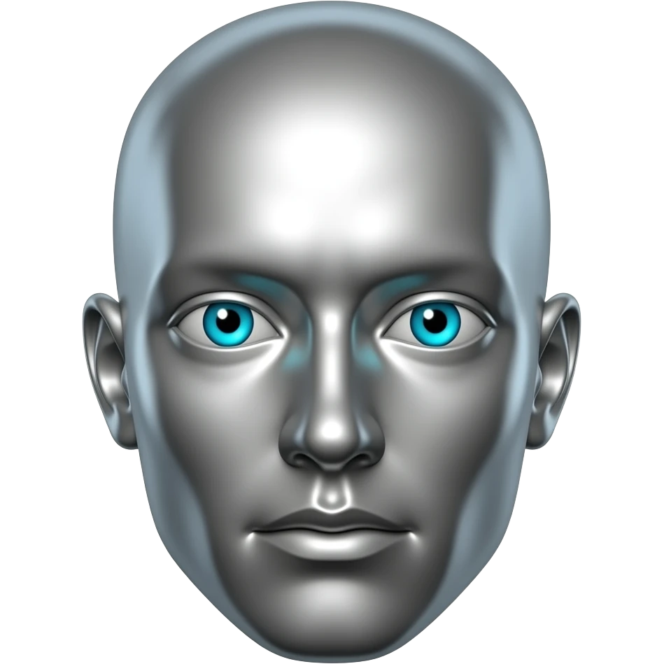 "Polished chrome stoic statue head, perfectly symmetrical, piercing cyan glowing eyes, no background. Modern digital art style, clean metallic reflections. Emoji format." emoji