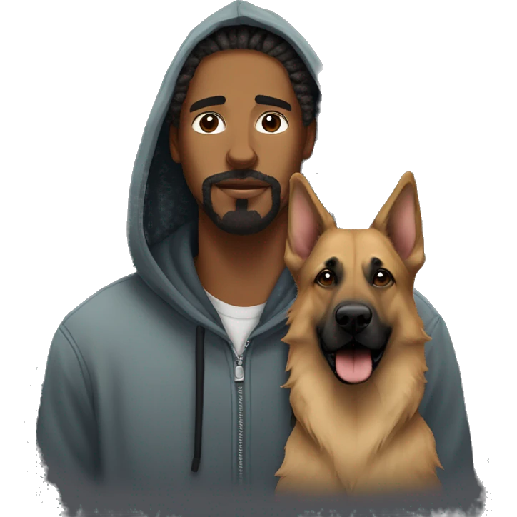 man with dreadlocks, mustache and goatee dressed in a hoodie alongside a brindle colored german shepherd dog emoji