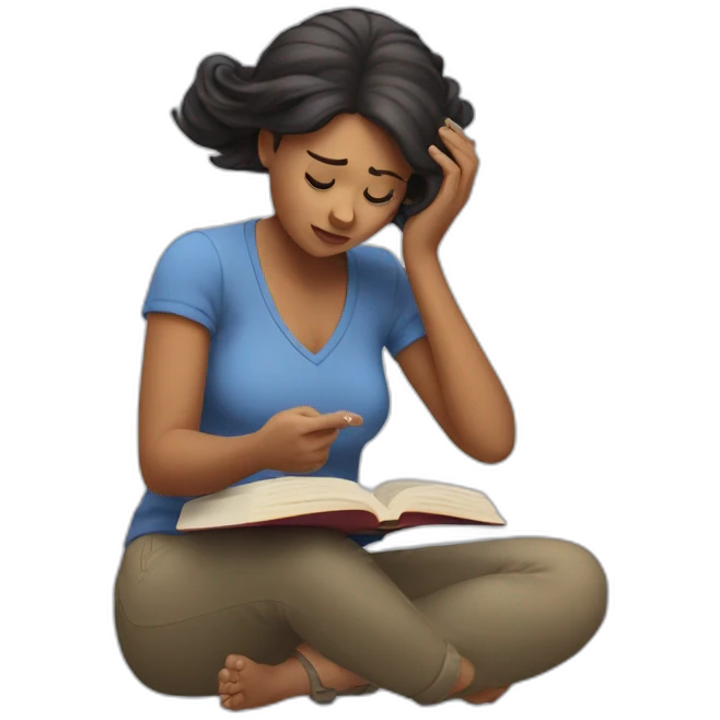 Confused woman scratching hair on head while reading a book emoji