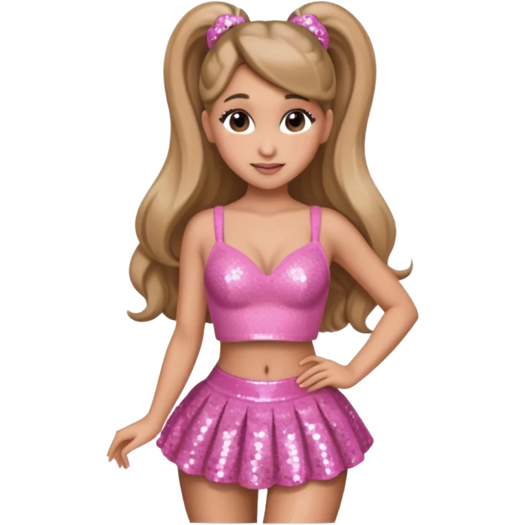 Ariana Grande with dark blonde hair, pink sequin bra, pink sequin skirt emoji