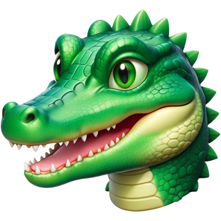 Cinematic Cute Crocodile Portrait Emoji, Head tilted playfully and inquisitively, featuring a smooth, glossy emerald-green hide with subtle textured scales and round, sparkling eyes filled with curious mischief, Simplified yet irresistibly adorable features, highly detailed, glowing with a warm, friendly glow, high shine, affectionate and surprisingly charming, stylized with a touch of wild whimsy, bright and endearing, soft glowing outline, capturing the essence of a mischievous yet lovable crocodile, so playful it feels like it could snap out of the screen into your arms! emoji