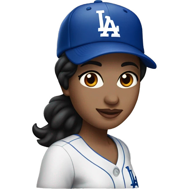 Woman, black hair, fair skin, brown eyes, LA Dodgers hat, birthday party emoji