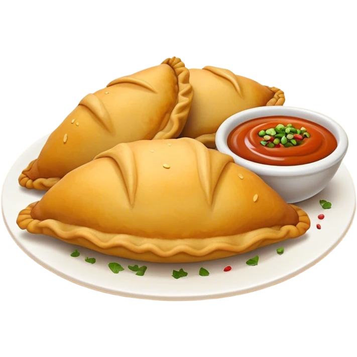 Cinematic Realistic Colombian Cornmeal Empanadas Emoji, showcasing the golden, crispy shell filled with savory meats and spices, served with a side of aji dipping sauce, rendered with vibrant textures and warm, inviting lighting. emoji