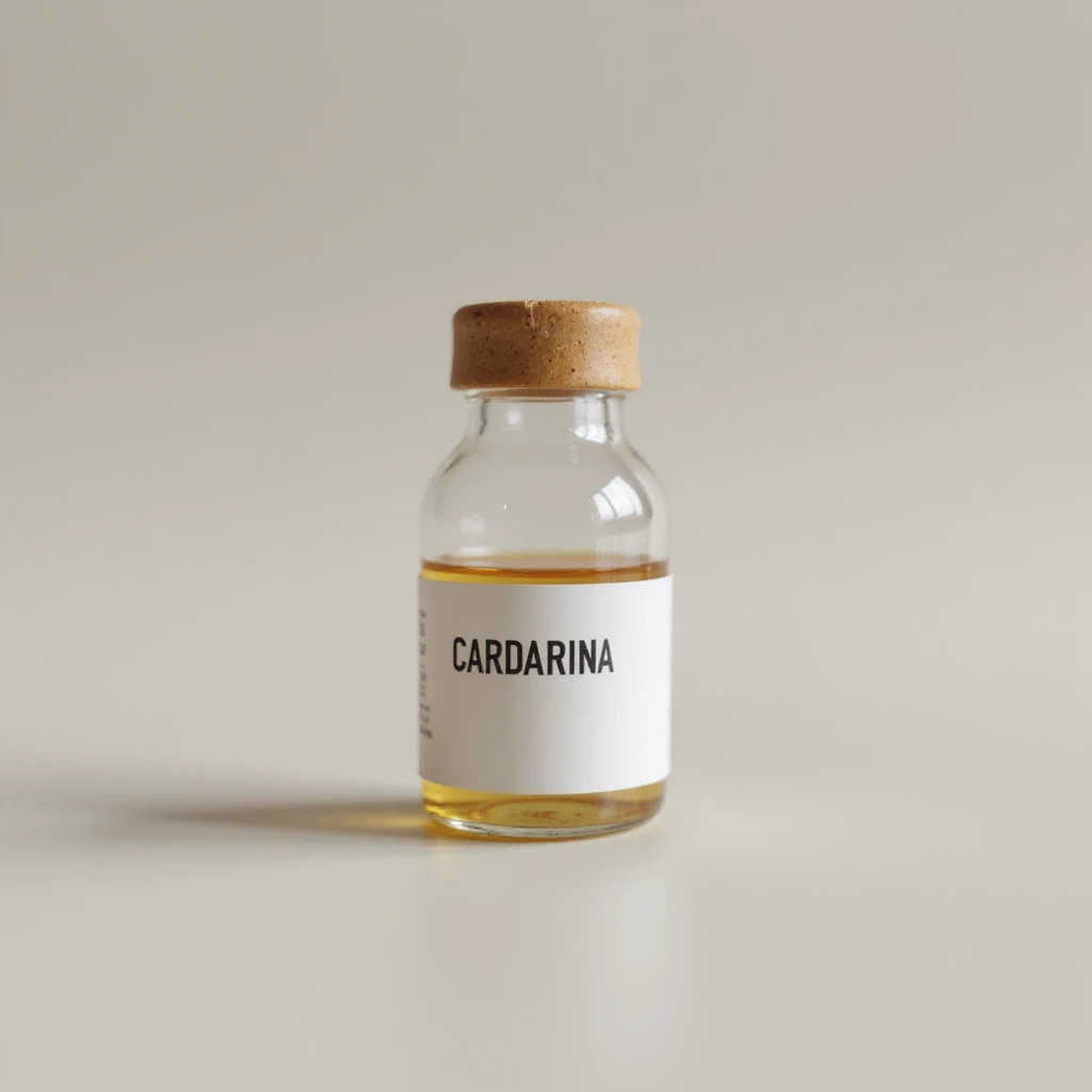 medicinal vial on a neutral background, label with the word 'CARDARINA' in block letters, hyperrealistic 4K style emoji