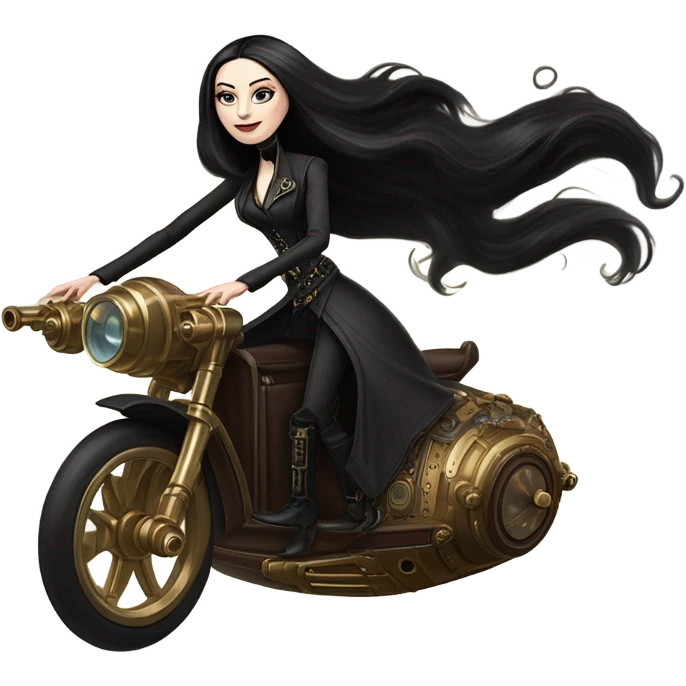 Jedi Morticia Addams riding  a Jumpspeeder anti-gravity repulsorlift swoop steampunk  emoji