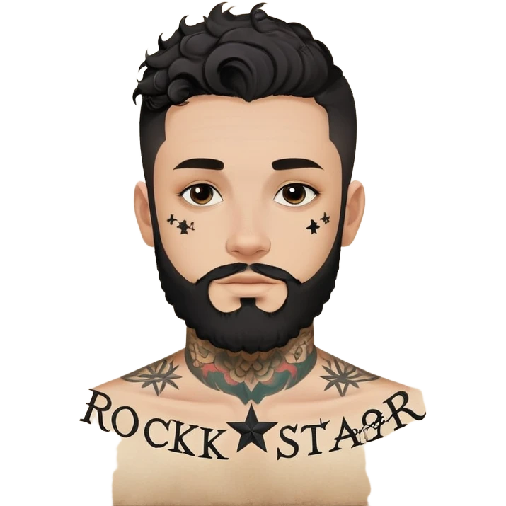 ki es un hombre joven con barba prolija, pelo corto a los lados y rulos oscuros arriba. Tiene varios tatuajes en la cara: una estrella negra pequeña debajo de su ojo derecho, la palabra “Rockstar” escrita en letra cursiva en la frente (lado derecho), y una cruz pequeña cerca del ojo izquierdo. En el cuello, suele tener diseños más grandes y oscuros, tipo lettering o símbolos, aunque suelen variar. Usa cadenas gruesas y ropa urbana (buzo oversize o campera deportiva), con expresión confiada o seria. emoji