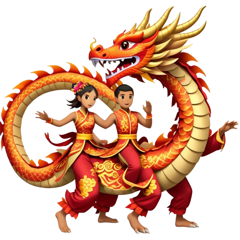 Cinematic Realistic scene of two performers guiding an elaborately designed dragon costume during a Dragon Dance, with vivid traditional patterns and dynamic motion, set under festive, red-tinged lighting emoji