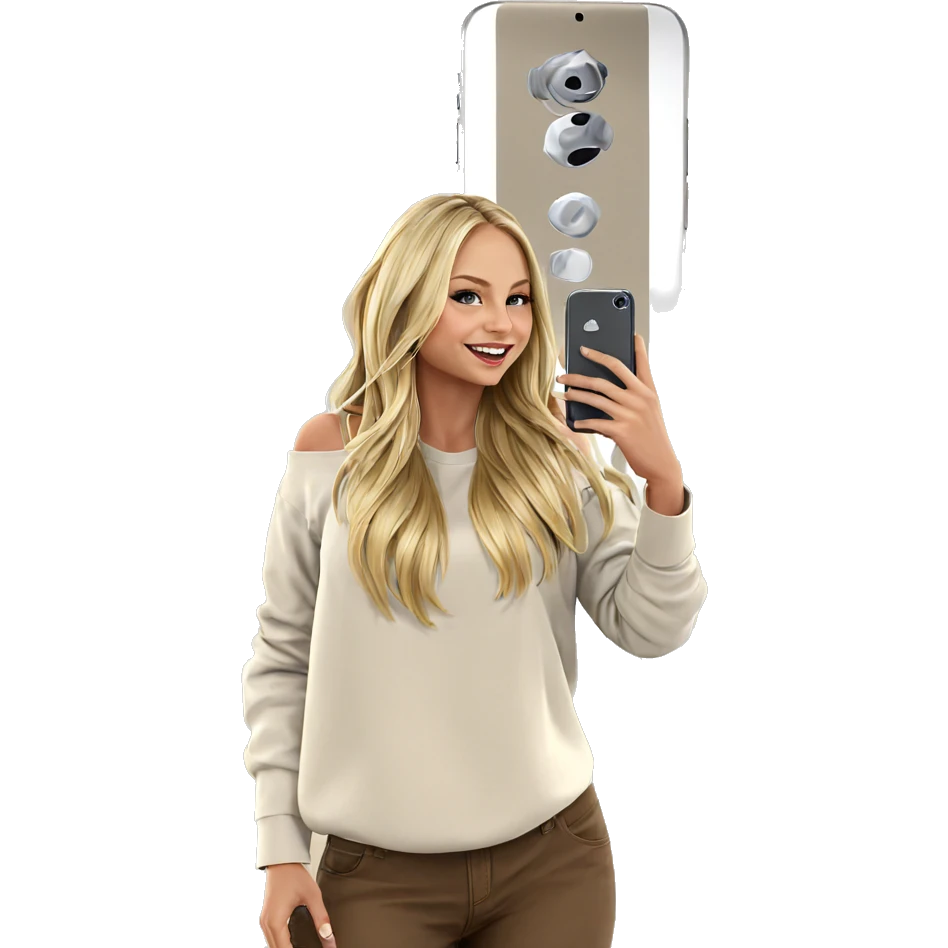blonde girl with smartphone smiling emoji