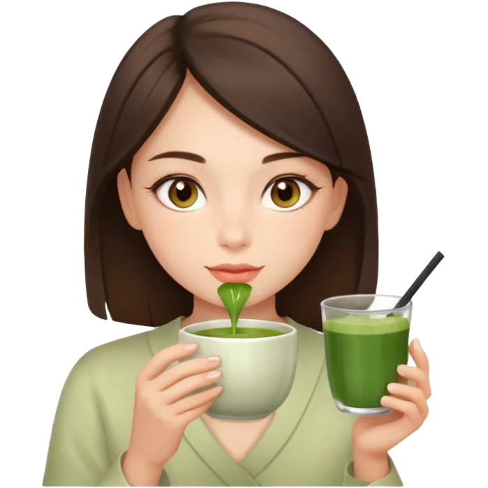 beautiful brunette , with light brown eyes (let's call her kami), sipping matcha emoji
