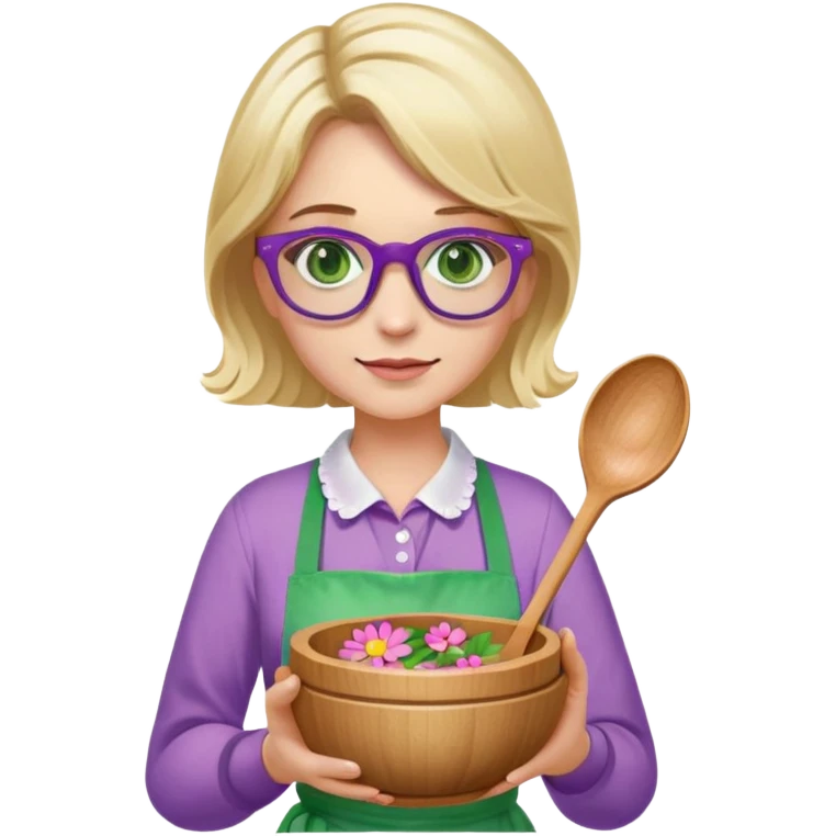 woman with blonde shoulder length hair, purple glasses, green eyes, flower apron, holding bowl and spoon emoji