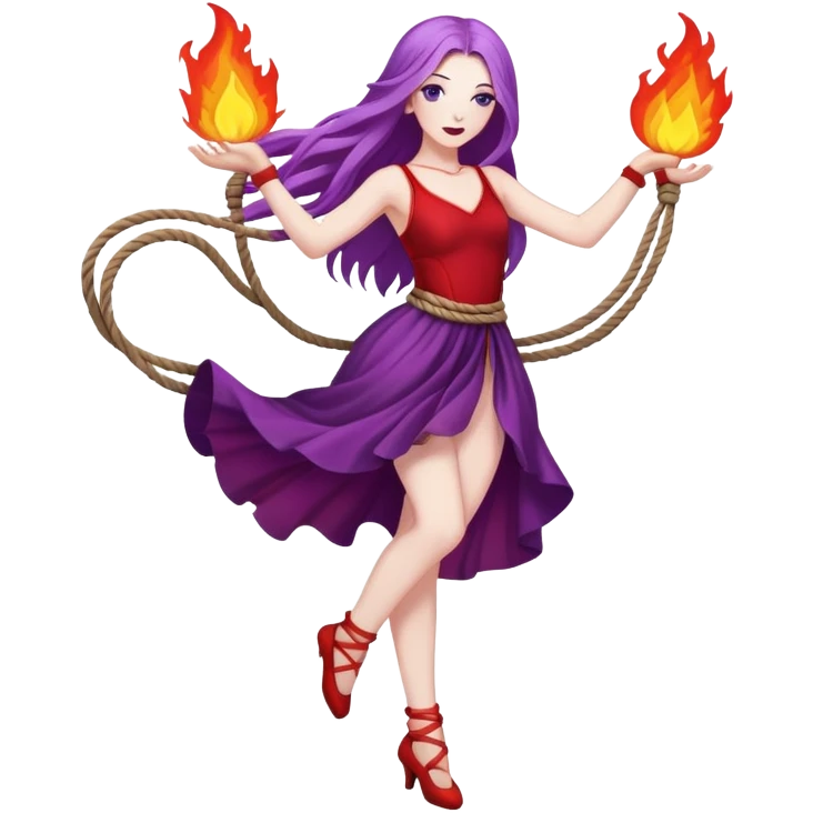 Full body rope on fire dance performer pale skin with long purple hair red dress emoji