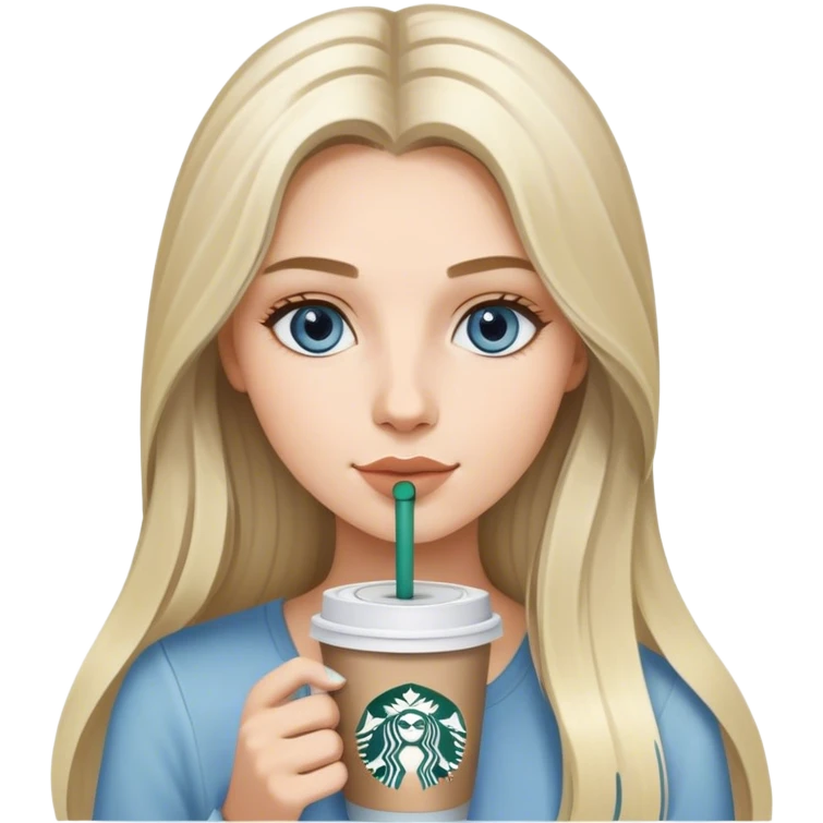 Long blonde grey highlighted with blue grey eyes model sipping one Starbucks coffee emoji