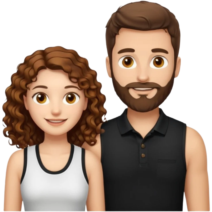 Criar Casal - Homem branco de cabelo liso e olhos marrom, com barba, usando camisa polo preta e mulher de pele branca cabelo cacheado marrom longo e olhos mel, usando uma regata branca, quero ela sorrindo emoji