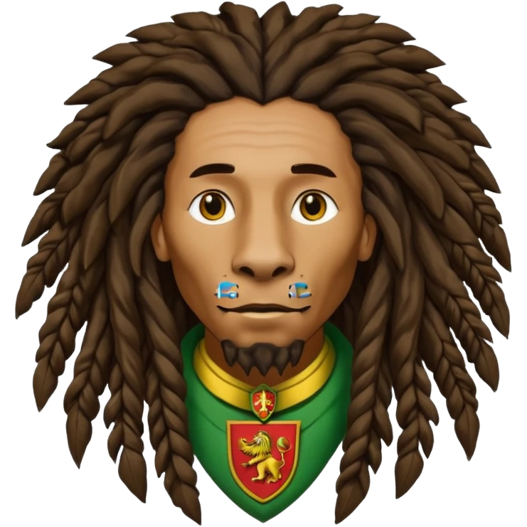 melancholic  Bob Marley with gigantic dread locks in form heraldic crest with ethiopian lion emoji