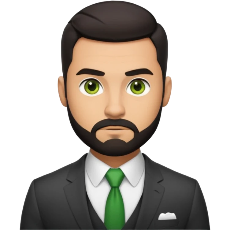 green eyes, dark short hair, muscular shoulders, big lips big nose big eyes, masculine good looking, dark beard wearing a suit buttons of the shirt open and olive skin tone  emoji