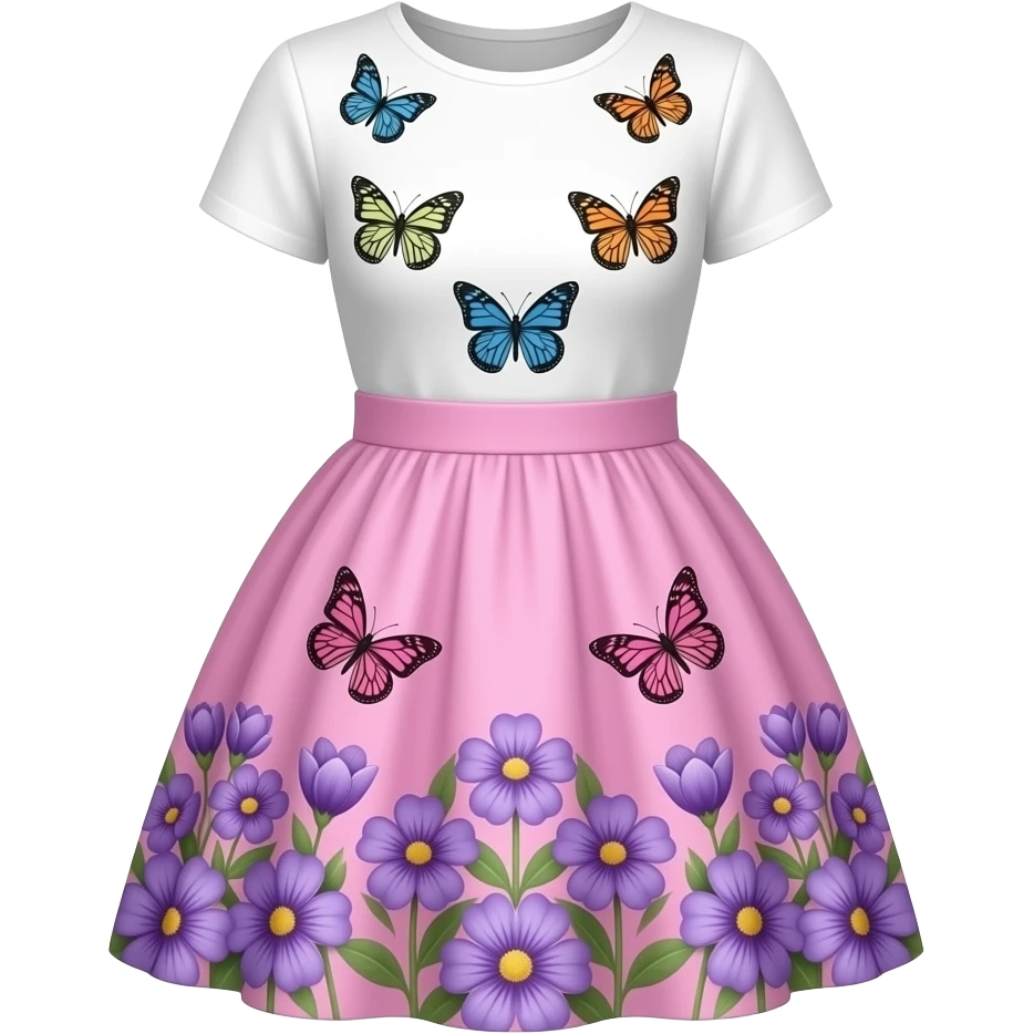 vestido de vuelo con torso blanco con mariposas y parte inferior rosa con flores violetas emoji