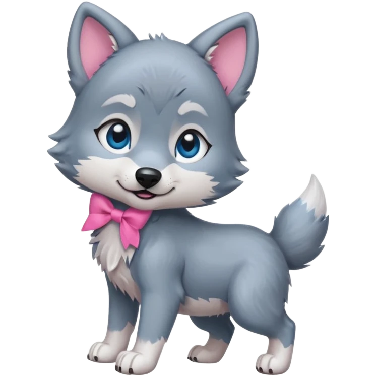 an animated gif-style sticker emote of a wolf puppy bent forward in a playful pose wagging its tail in a smooth, natural arc over its back. It has a pink bow in front of its ear and bright blue eyes emoji