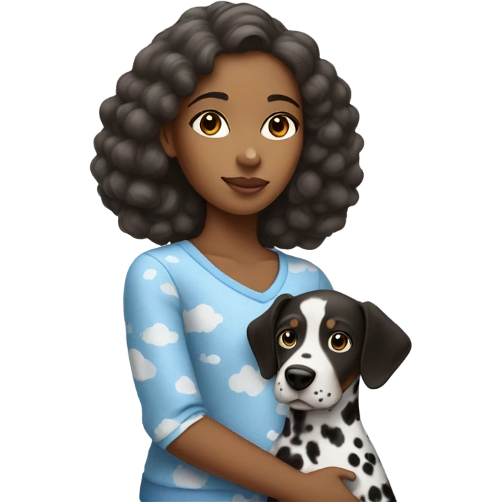 Brown girl wearing a blue top with clouds holding a dalmatian  emoji