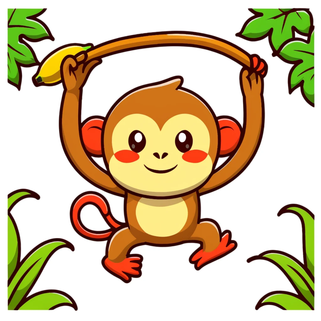 A surreal hybrid creature that is half monkey (top) and half banana (bottom). Green monkey with red facial features on top, and an opened banana peel forming the lower body. In a lush jungle environment with hanging vines and tropical foliage emoji