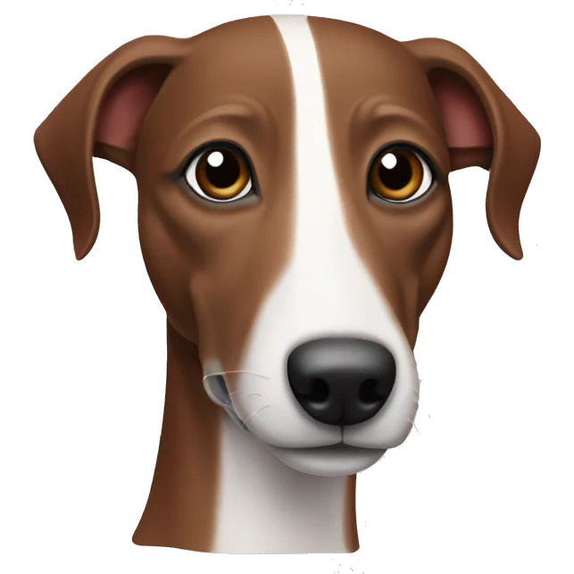 Red brown black striped whippet dog with white spots on face emoji