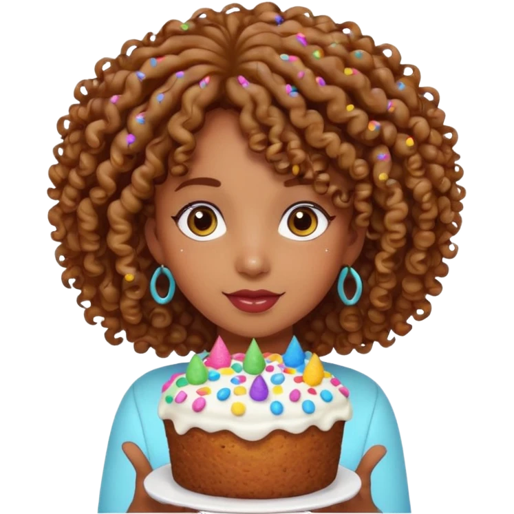 Brown Curly haired girl with a cake emoji