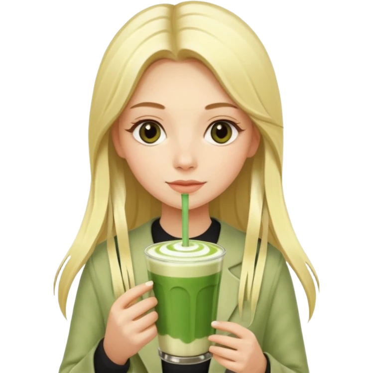 blonde luxury long hair girl with 1 drink of matcha latte and a lot of straws emoji