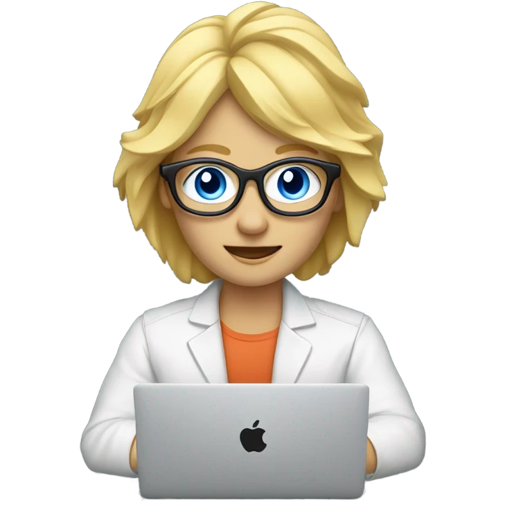 PCB designer behind macbook, blond, blue eyes with classes emoji