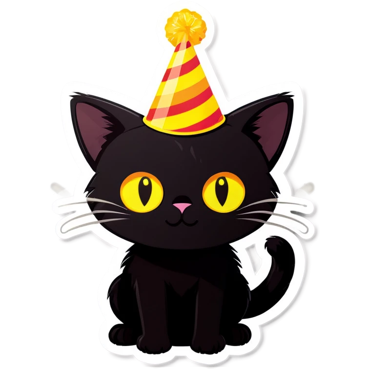 Black cat with yellow eyes with a birthday hat emoji