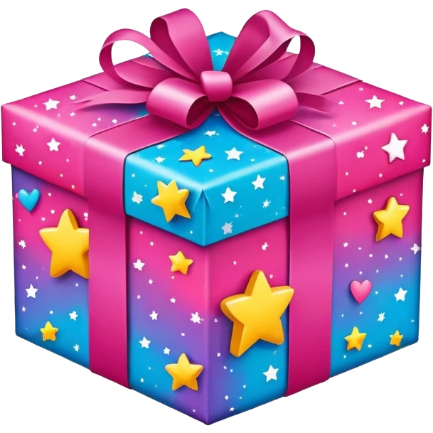cute gift box with sparkling stars and hearts, smiling wrapping paper, vibrant colors, joyful and romantic mood emoji