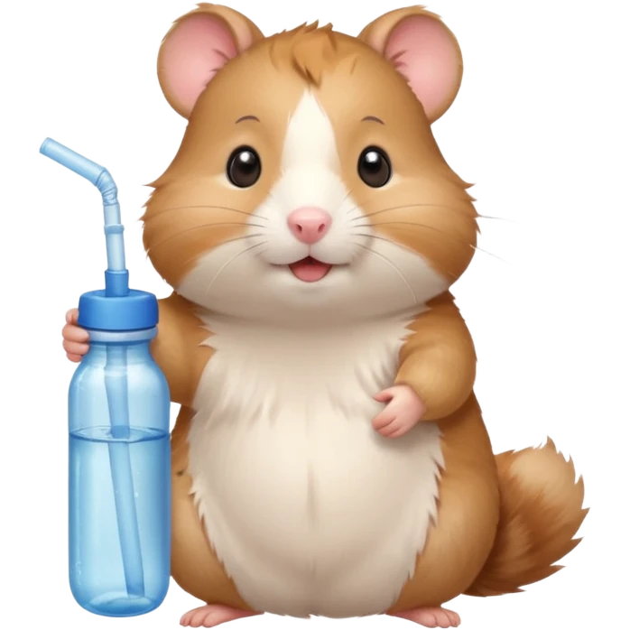 Cute cartoon-style hamster hugging an oversized water bottle, sipping with tiny straw, happy expression. Painterly shading, expressive eyes, white background, sticker-style illustration emoji