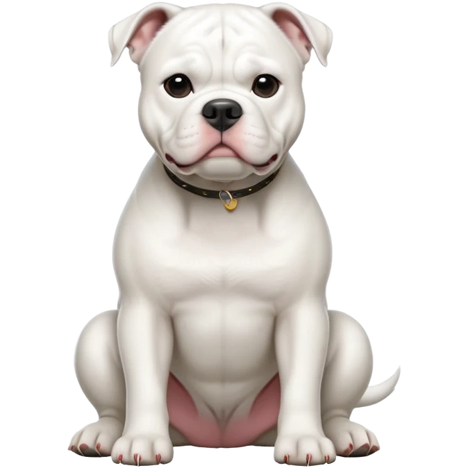cinematic-[solid white american bulldog]-realistic-full-body-sitting-emoji,-tail-resting-loosely-beside-its-paws,-head-tilted-dramatically,-sleek-[solid white]-fur,-simplified-yet-realistic-focused-features,-highly-detailed,-glowing-with-an-almost-sarcastic-glow emoji