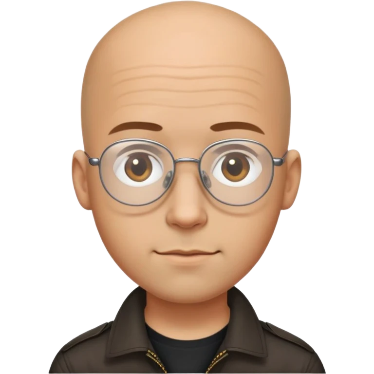 Man with small oval face and big forehead, aviator-style glasses, completely bald/shaved sides with very short curly dark hair only on top of head, neutral-friendly expression, light brown skin, wearing a black shirt emoji