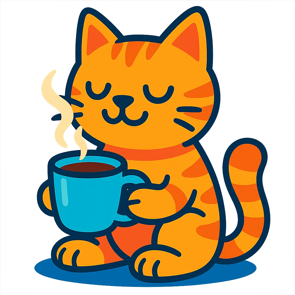 ginger cat enjoying coffee, bright colors emoji