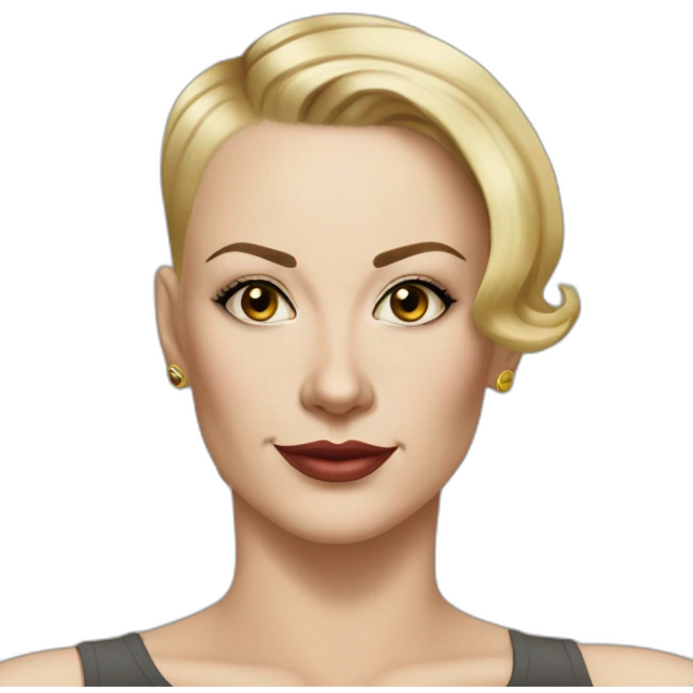 white woman in her forties hazel eyes shaved hair on one side blond short hair on other side upturned nose black tanker tattoo on the shoulders emoji
