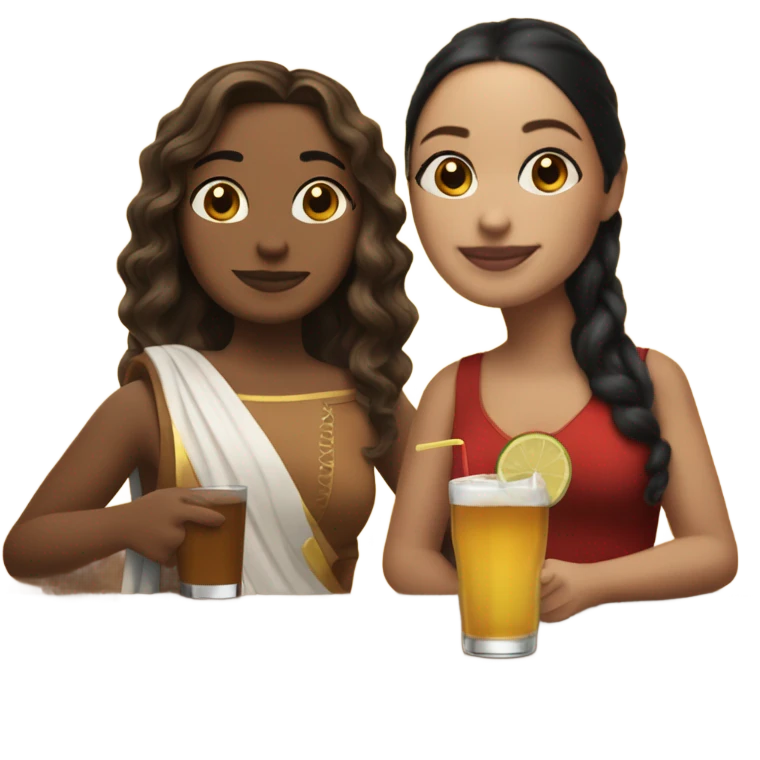 puerto rican woman light skin with shoulder-length, wavy, brown hair drinking latte with Roman woman with black, straight hair drinking espresso at table emoji