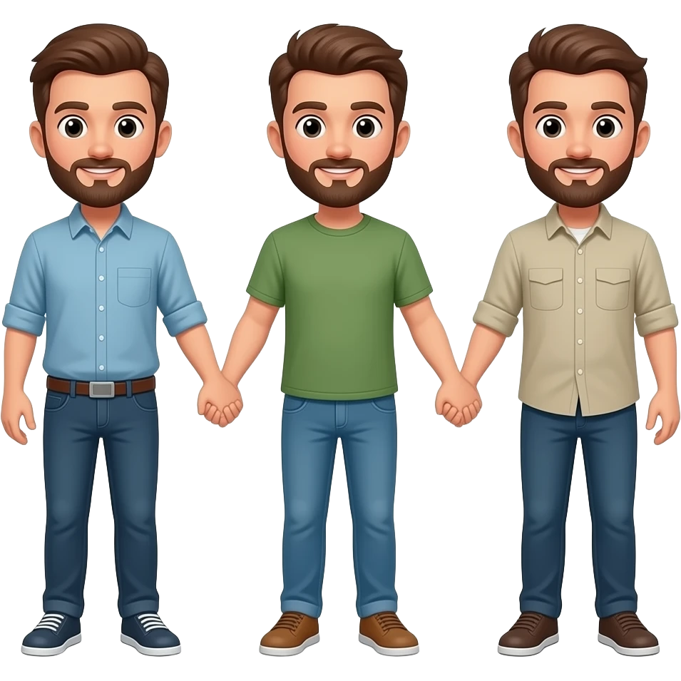 three men holding hands, all with brown hair, two have beard emoji