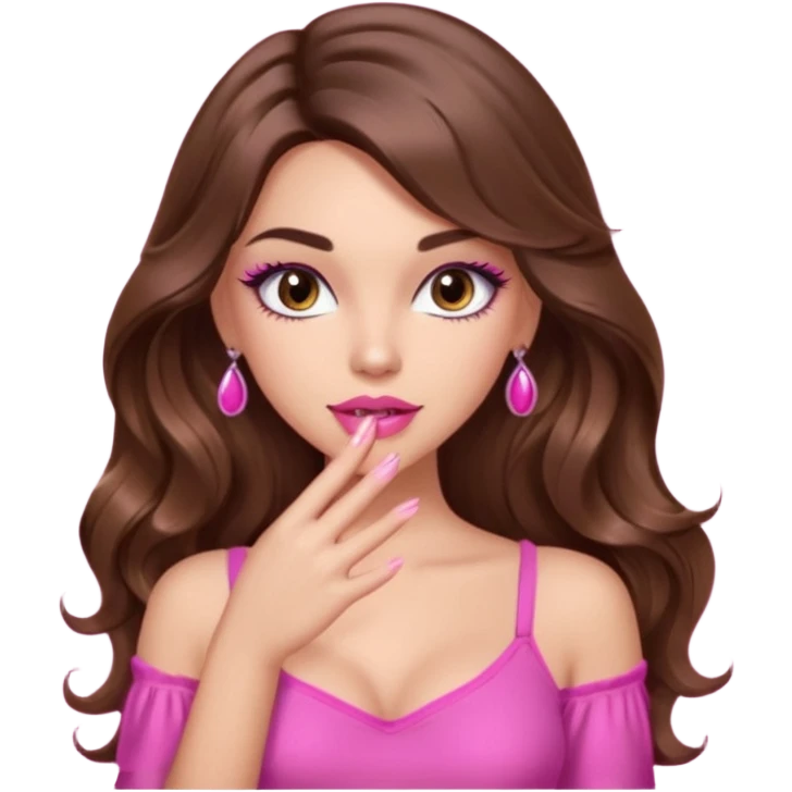 girl with long wavy brown hair, brown eyes, light to medium complexion, in a pink sexy top, pink lips, long lashes, puckered lips, showing my manicure one hand emoji