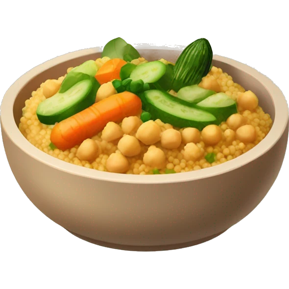 Bowl of Couscous dish with orange sauce, carrots, zucchini, chickpeas and meat on top emoji