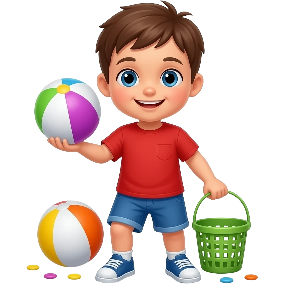 Kindergarten little boy with red T-shirt, blue shorts and green baskets playing with a beach ball toy emoji