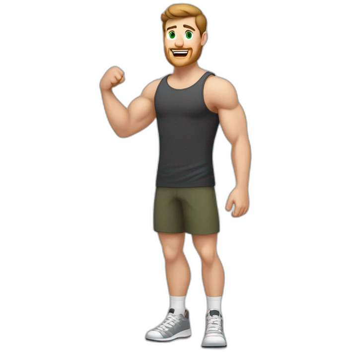 Full height Actively gesturing with hands Pale skinned Fit Man With the biceps, green eyes and brown hair in dark gray Sleeveless Mike, black oversize sports shorts, watch and white Sneakers emoji