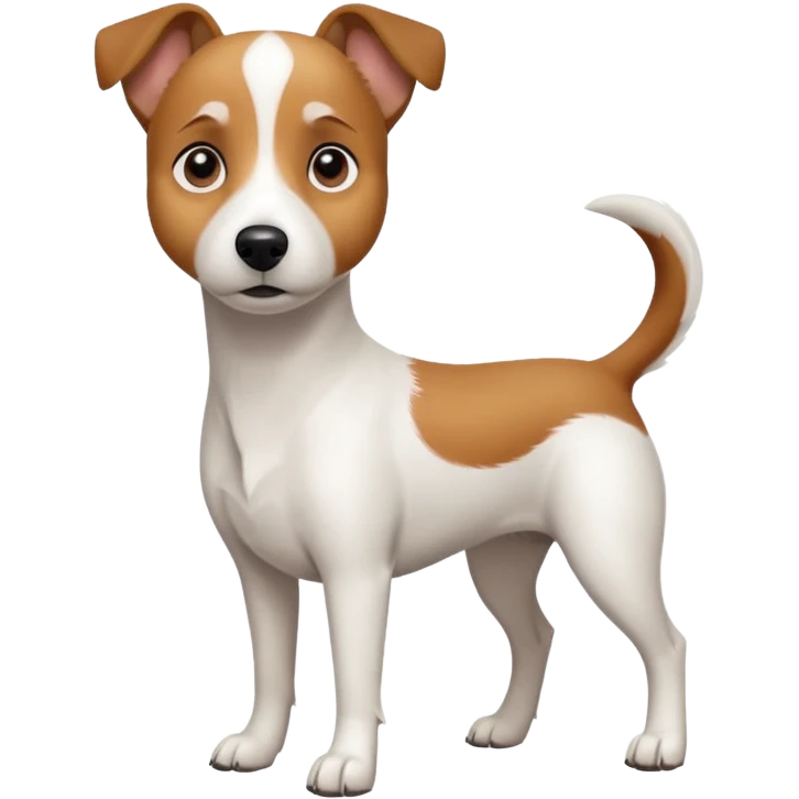 a full body white jack russel looking dog the size of a kelpie with light brown ears and a light brown patch on one eye and a large snout emoji