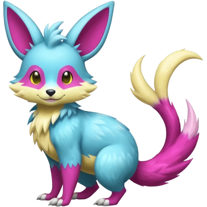 Shiny smooth silky soft Cyan-Yellowish-Magenta Minccino-Zeraora-Emolga-Vernid-Sergal-fusion-hybrid-animal-creature, full body emoji