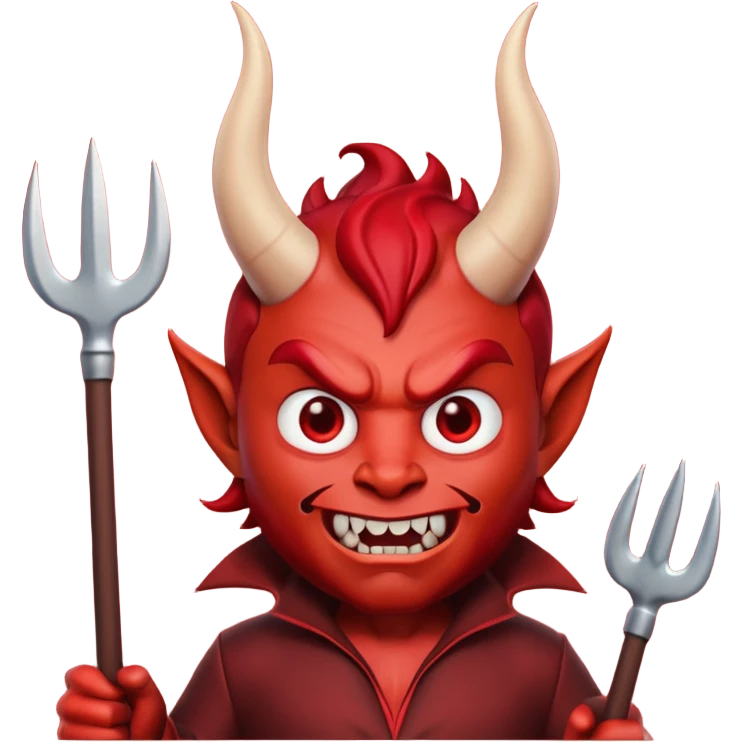 3D Memoji style male devil, red skin, horns, pitchfork, scary expression, soft lighting, solid background. emoji