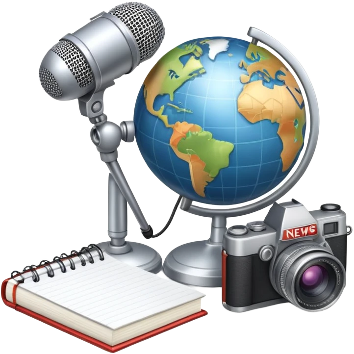 An icon showing a microphone, a notepad, and a camera, symbolizing journalism. The design includes a globe in the background, representing global news, and a breaking news banner for emphasis. Transparent background highlights the dynamic world of media and reporting. emoji